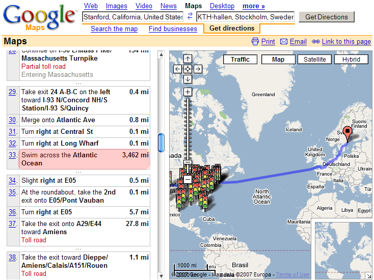 Google Maps directions from California to Stockhom