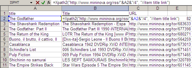 Mininova RSS feed in Excel