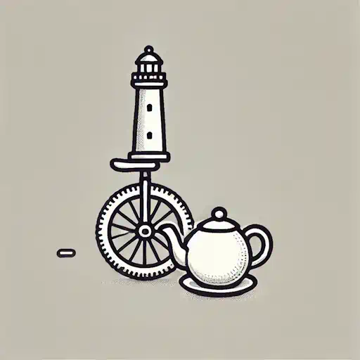 A simple drawing of an uncommon but recognizable object, like a unicycle, a lighthouse, or a teapot, in a cartoonish style. The object should be detailed enough to identify but still minimalistic with minimal background.